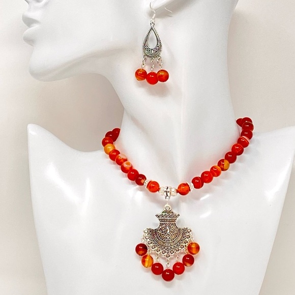 Orange Red Agate Necklace & Earrings Set - Picture 1 of 7